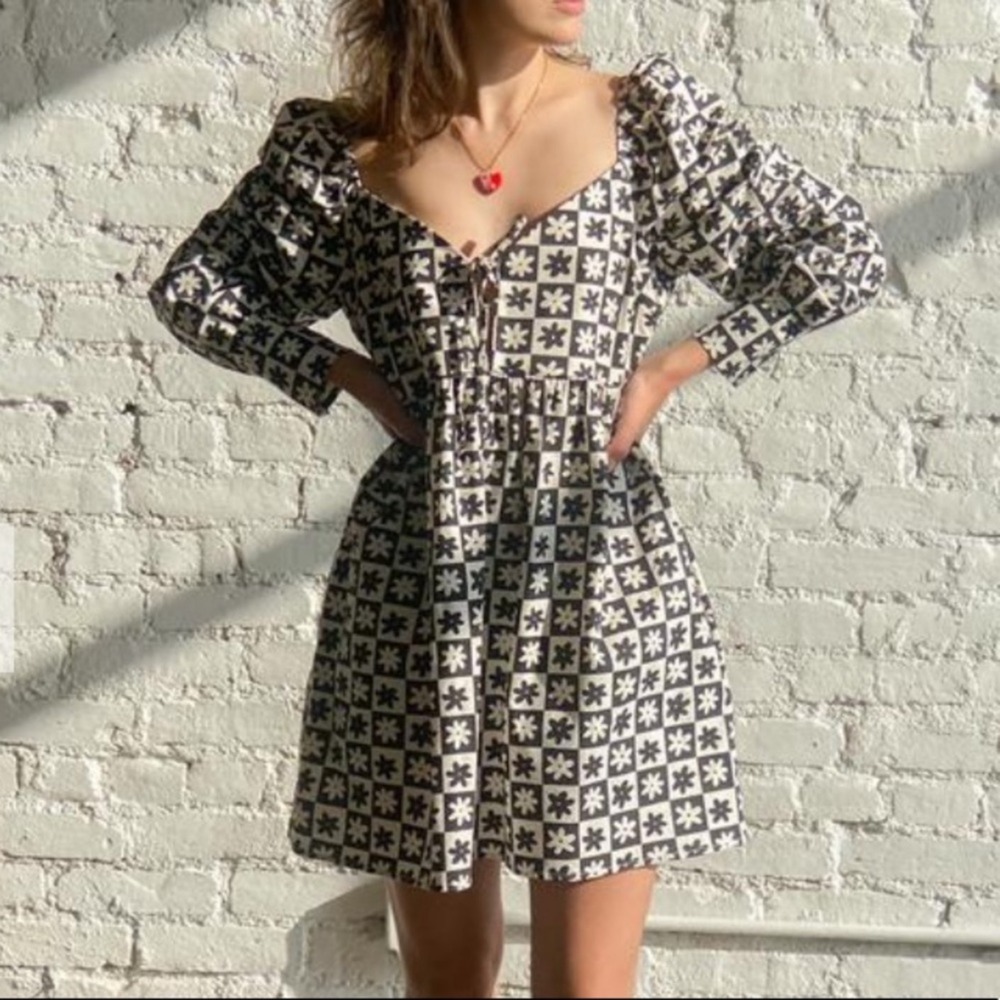 LISA SAYS GAH Lena Babydoll Mini Dress Black Daisy Check XS mod retro pockets
